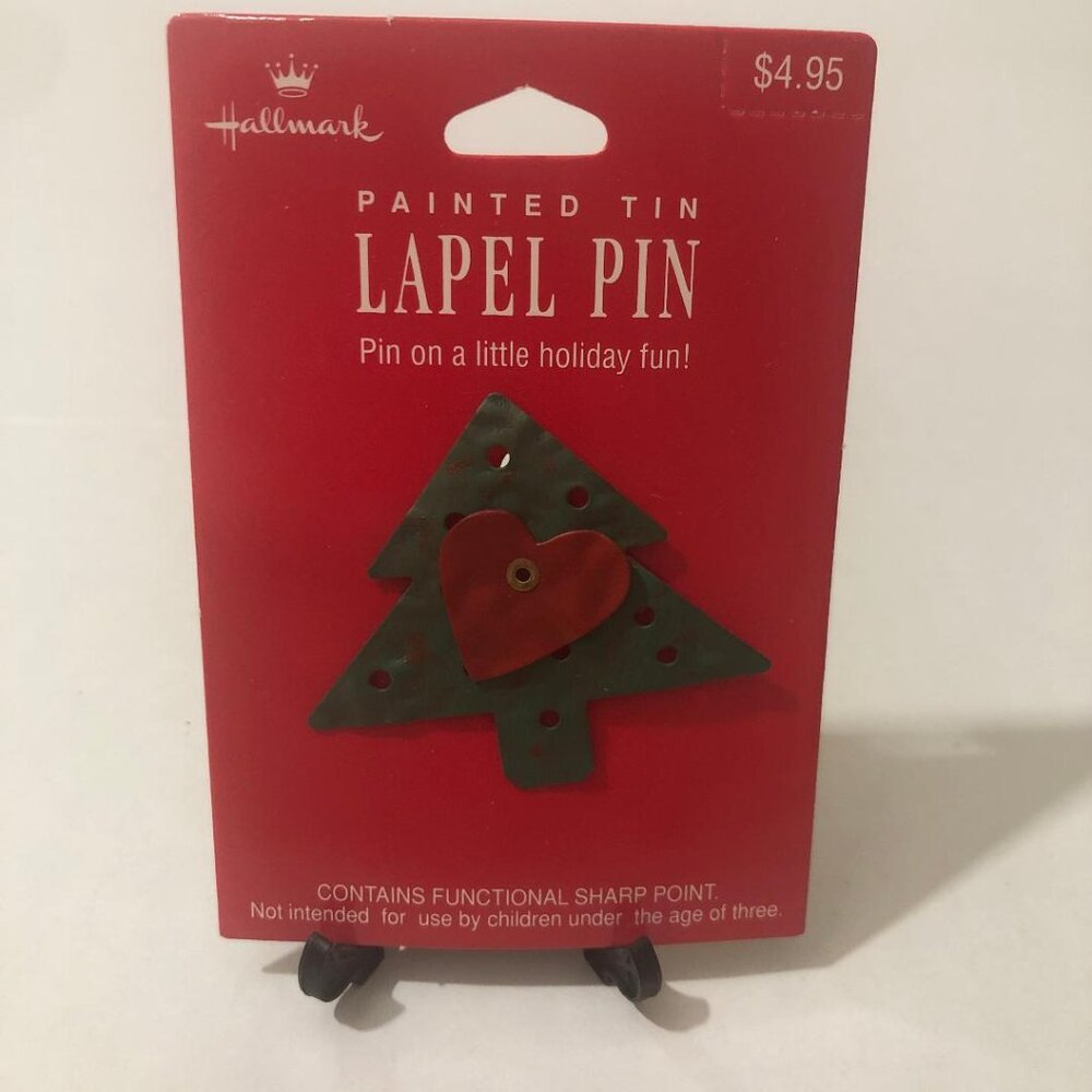 Vintage Hallmark Pained Tin Red Heart Christmas Tree Lapel Pin Brooch Rustic